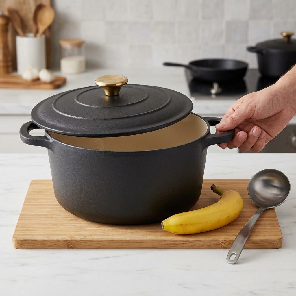 A black Dutch oven with lid on a wooden cutting board with a banana, ladle, and human hand for scale.