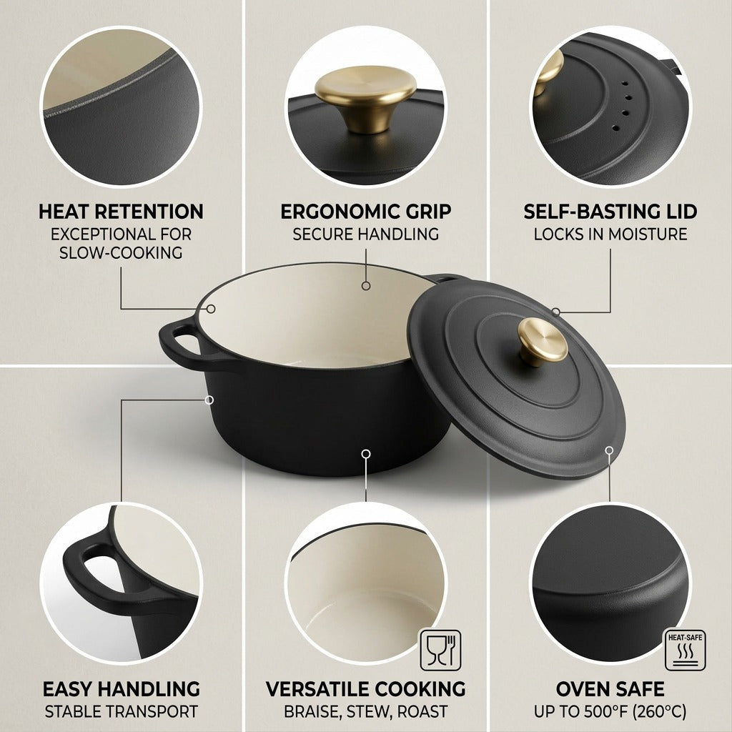 An infographic highlighting features of the eanmeled Dutch oven, including heat retention, ergonomic grip, and self-basting lid.
