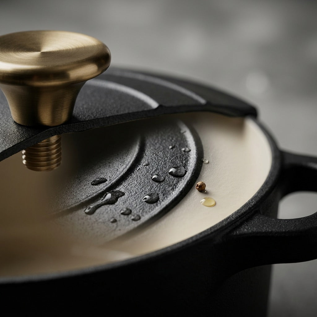 Tramontina Bestow 5.5 Qt Matte Black Dutch Oven close-up of brass knob and lid detail