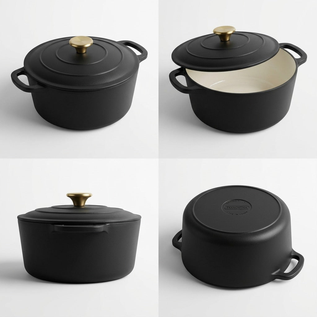 Tramontina Bestow 5.5 Qt Matte Black Dutch Oven side angle view showing handles and enamel finish