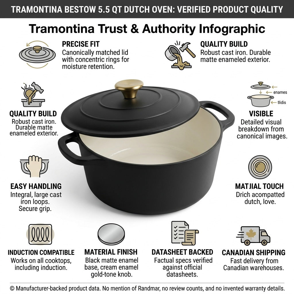 Trust infographic for a black enameled cast iron Dutch oven with brass knob, detailing its specifications and Canadian shipping.