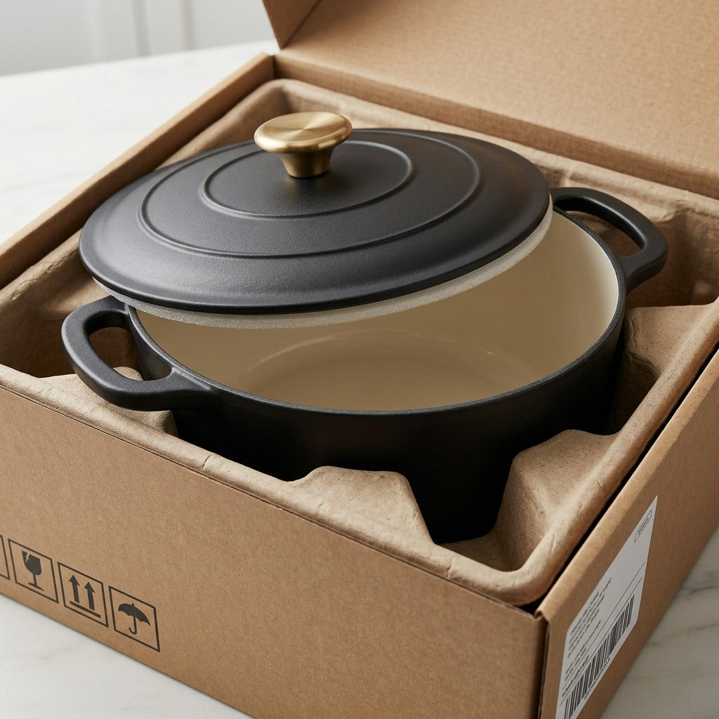 Unboxing confidence scene: Tramontina Bestow Dutch Oven nestled in customized, secure protective shipping inserts.
