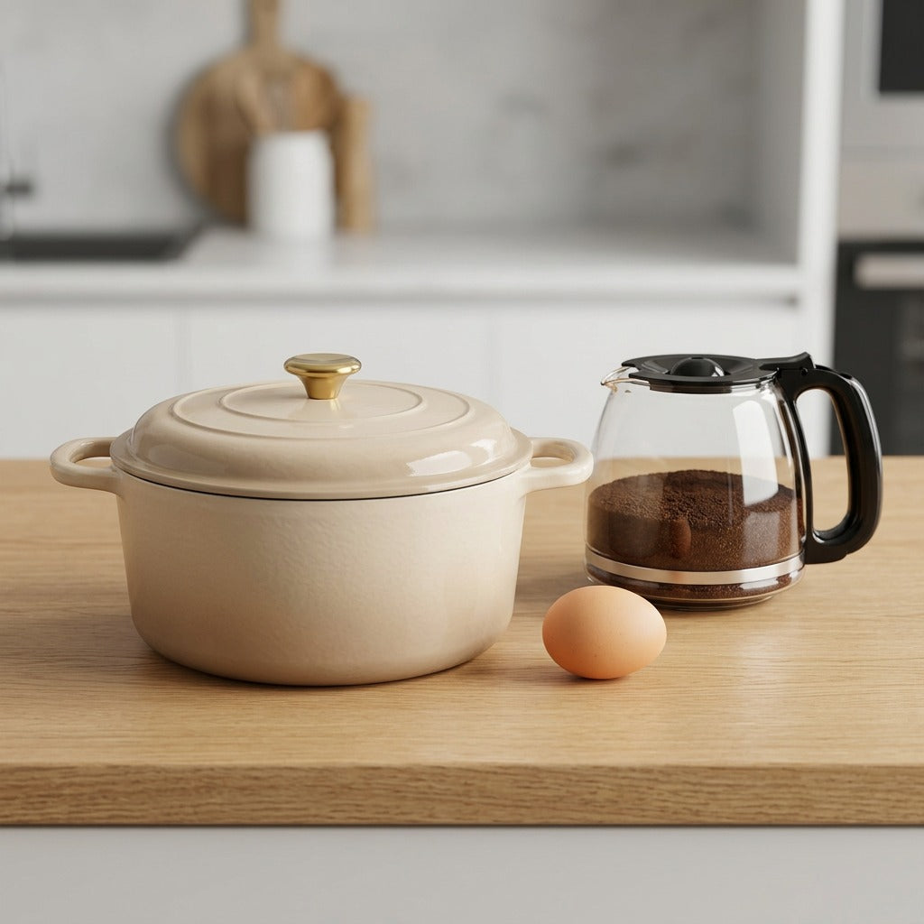 A 5.5qt eameled cast iron Dutch oven shown in proportion to a small stack of books on a kitchen counter.