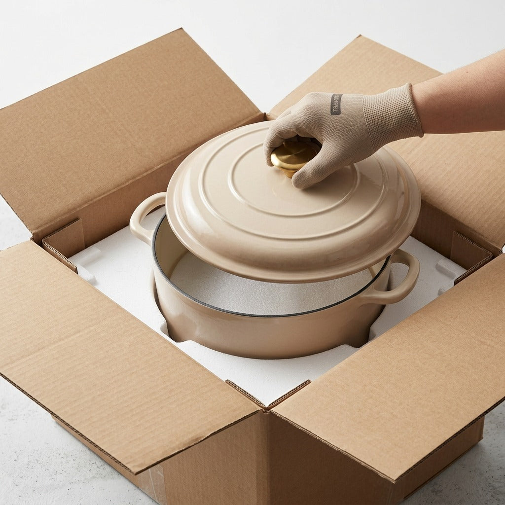 Unboxing a foam-protected Tramontina 5.5qt Dutch oven, reducing shipping anxiety.
