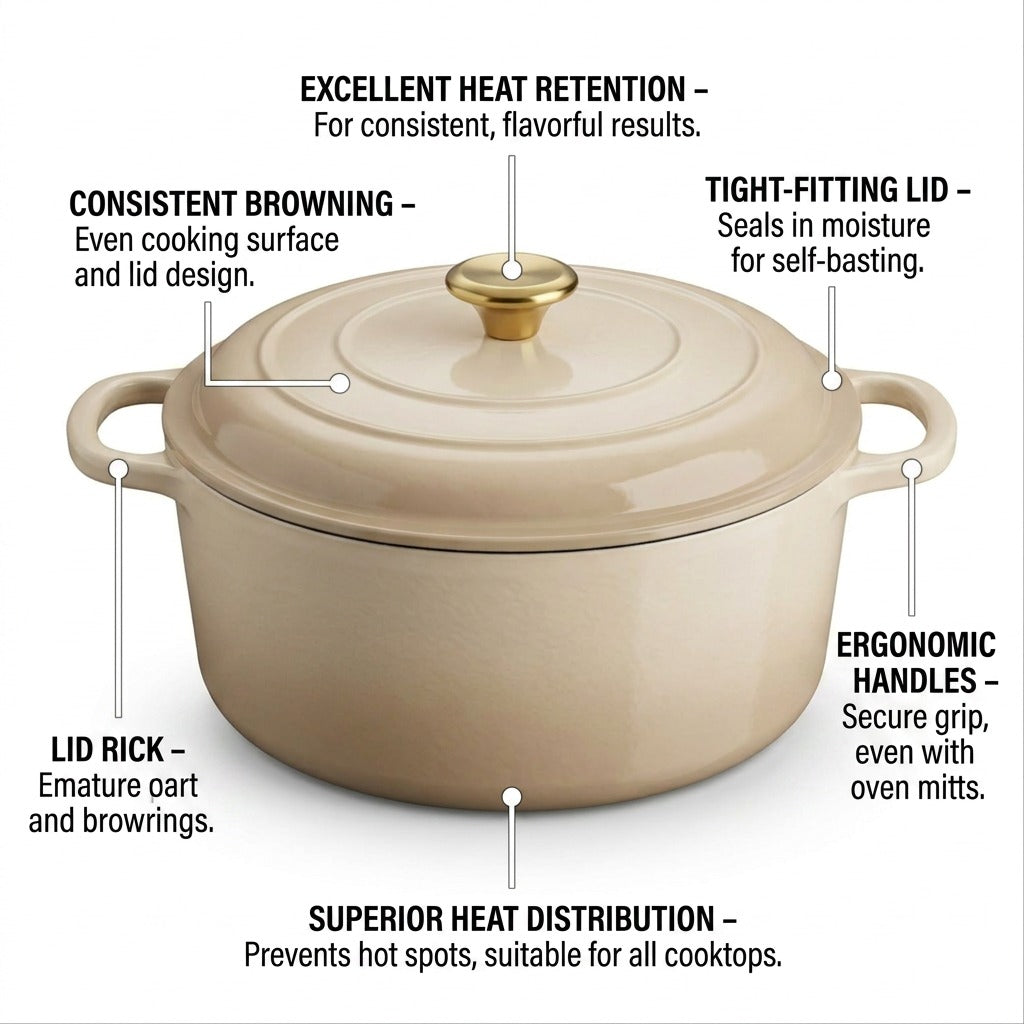 Feature graphic for Tramontina Dutch oven, highlighting heat retention, lid, handles, and distribution.