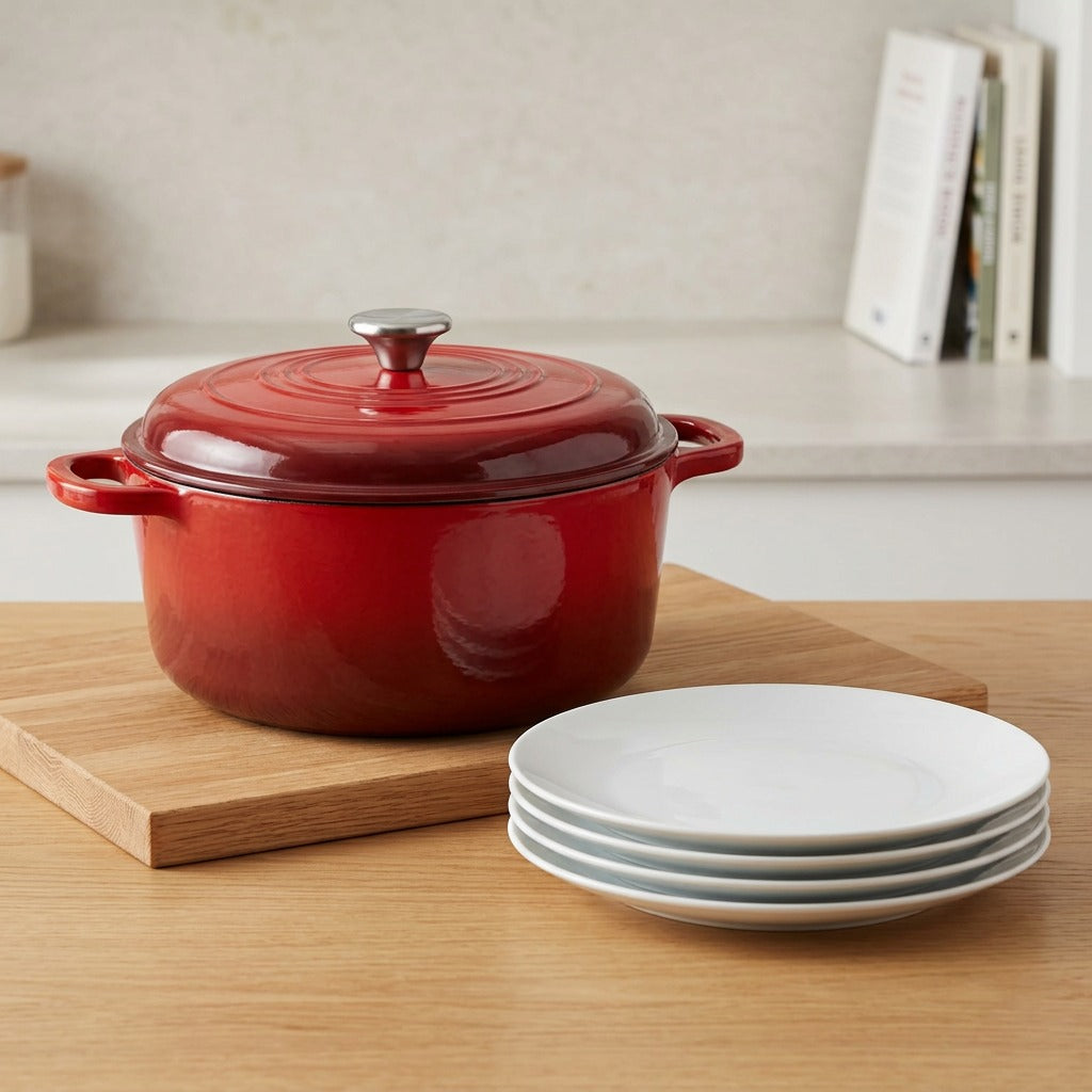 High angle shot of a large red Dutch oven next to a stack of five white dinner plates.