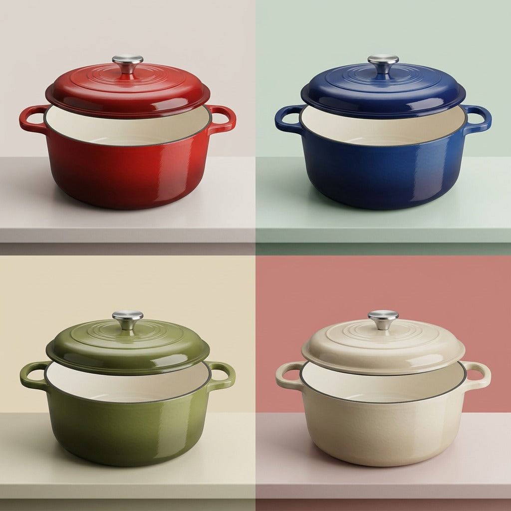 A four-panel grid matrix featuring the Tramontina 5.5 Qt Enameled Cast Iron Dutch Oven, Majolica Red, in different specific colors (Blue, Green, Cream, Red).