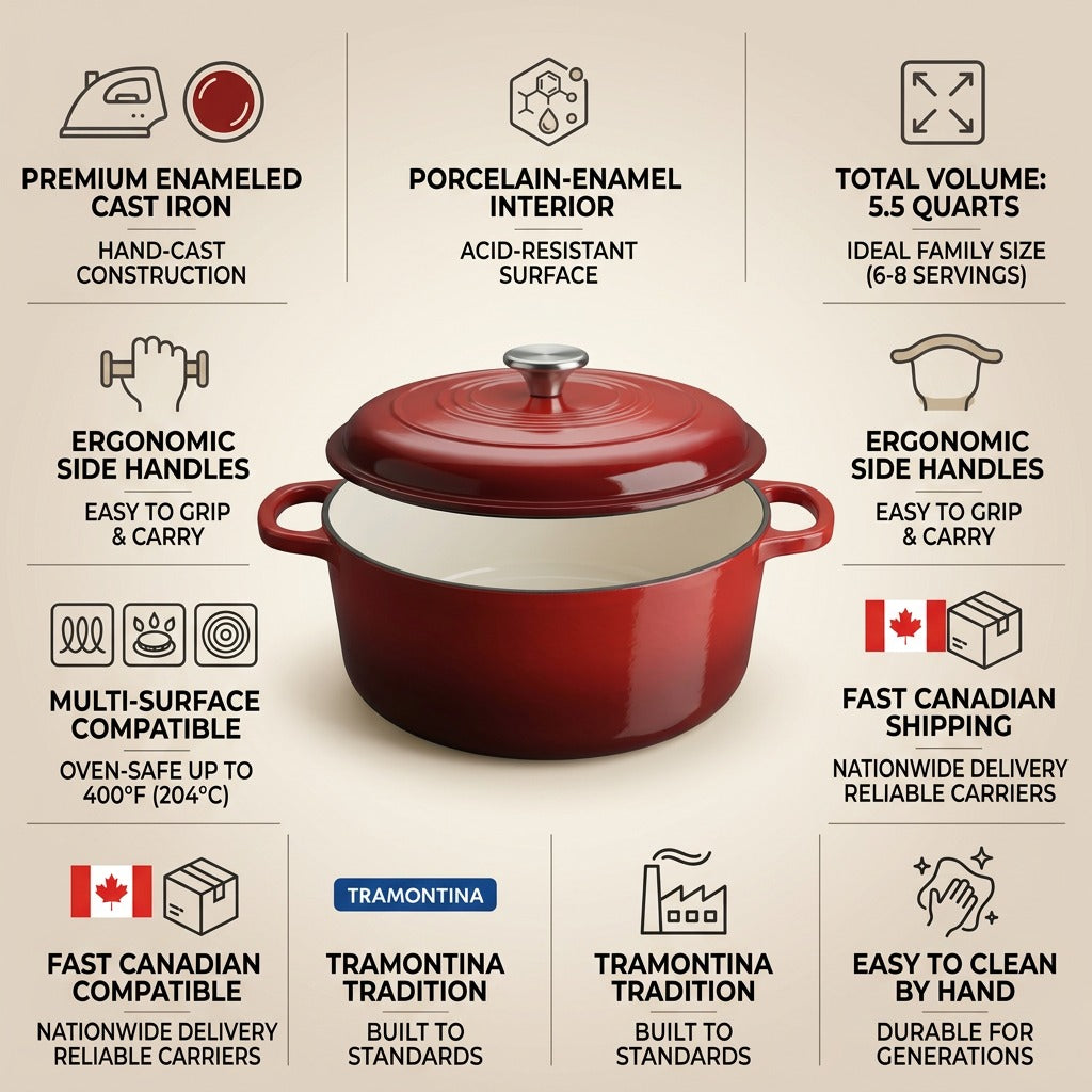 An 8-tile visual matrix infographic for the Tramontina 5.5 Qt Dutch Oven, showing key feature icons and factual text cues.