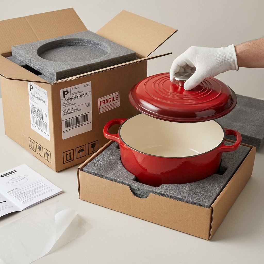 A premium unboxing view, with the red Dutch oven from image_0.png nestled securely in protective foam within a clean, shipping-compliant cardboard box, showing shipping labels.