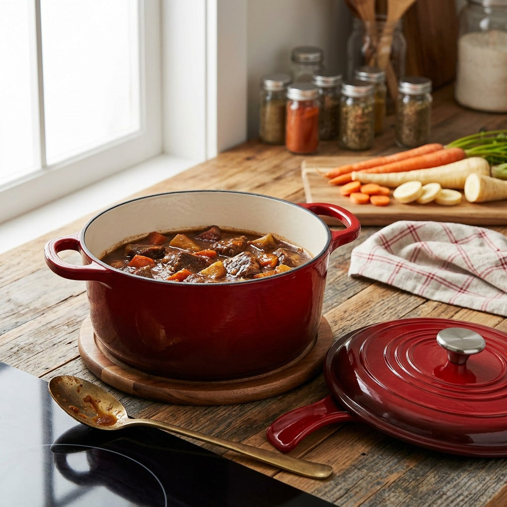 A Majolica Red cast iron Dutch oven with an open lid, sitting on a wooden counter with bubbling soup.