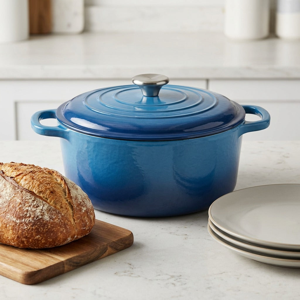 Scale comparison image with the blue Dutch oven next to a loaf of sourdough.