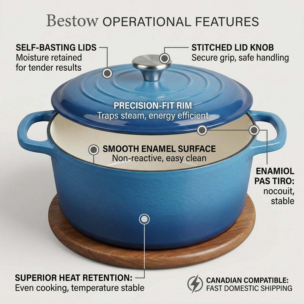 A diagram of a blue enameled Dutch oven with pointer lines and labels highlighting its kitchen features.