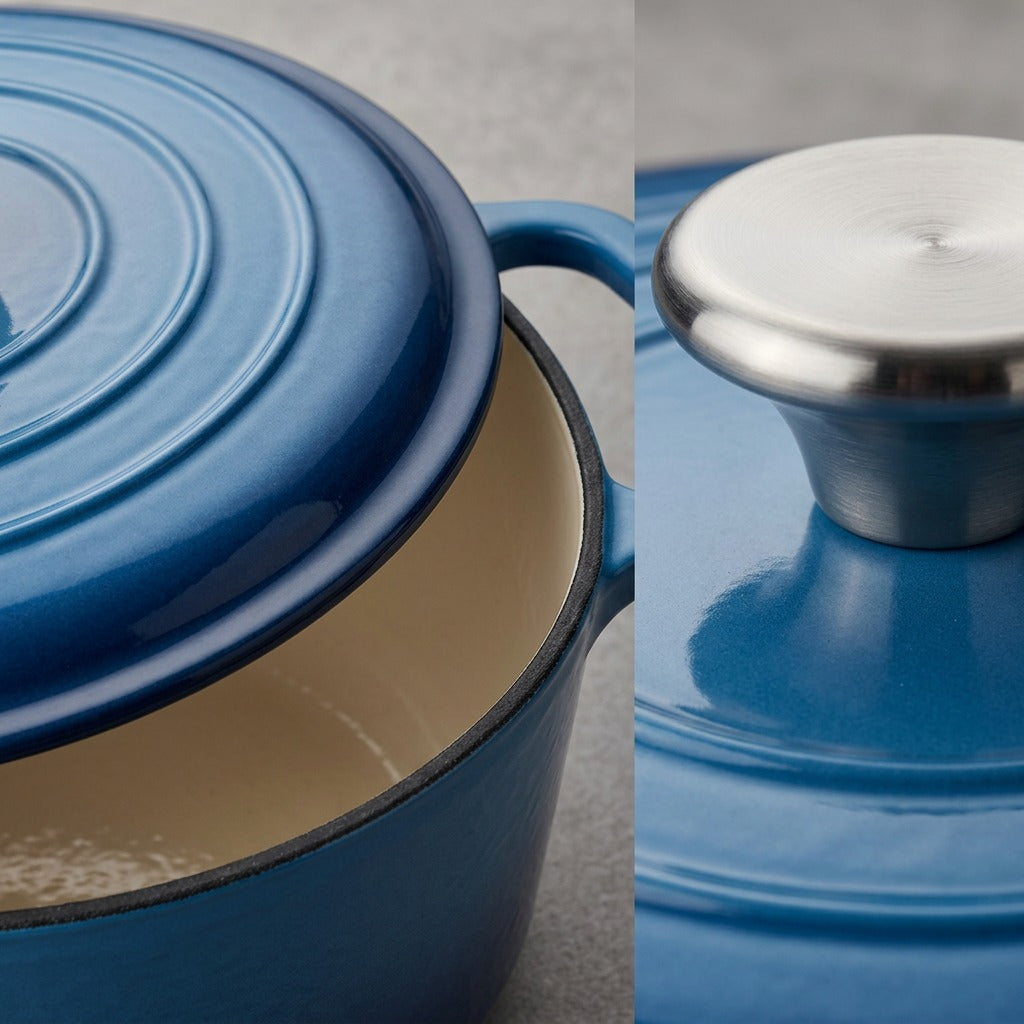 Macro detail photography captures the flawless enameled cast iron surface, precision rim, and brushed steel knob.