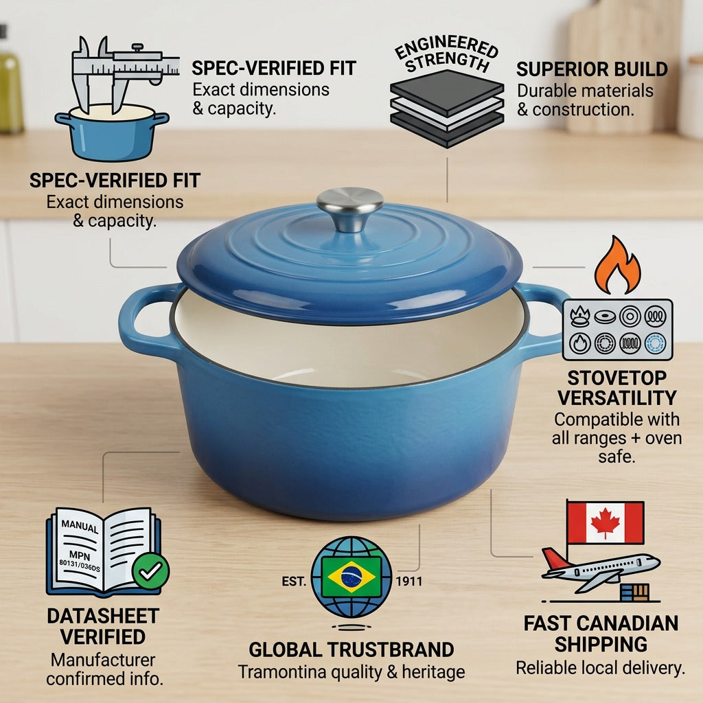 An infographic matrix for Tramontina's blue Dutch oven, validating its build, specs & heritage with fast Canadian shipping.