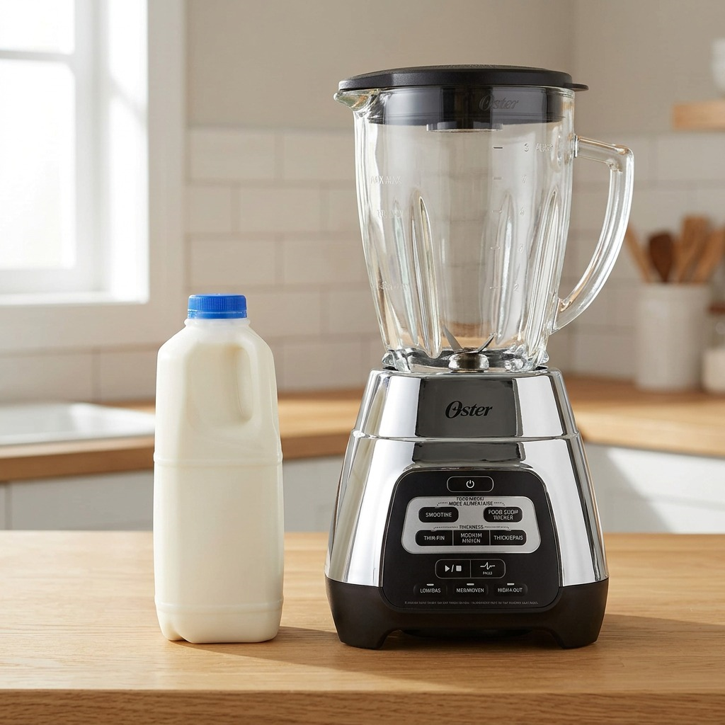 Oster Master Series Blender 800W size reference with milk bottle on kitchen counter