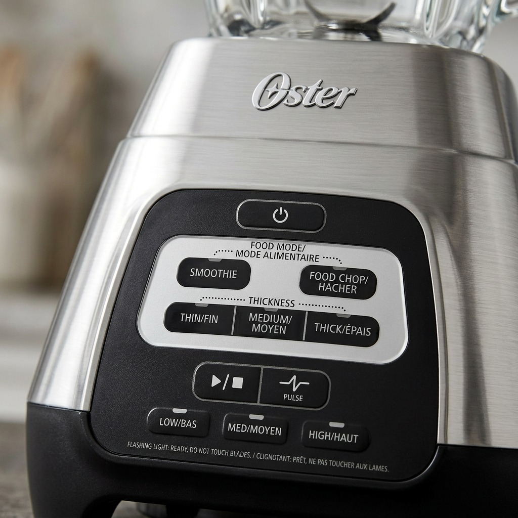 Oster Master Series Blender 800W brushed metal control panel close-up