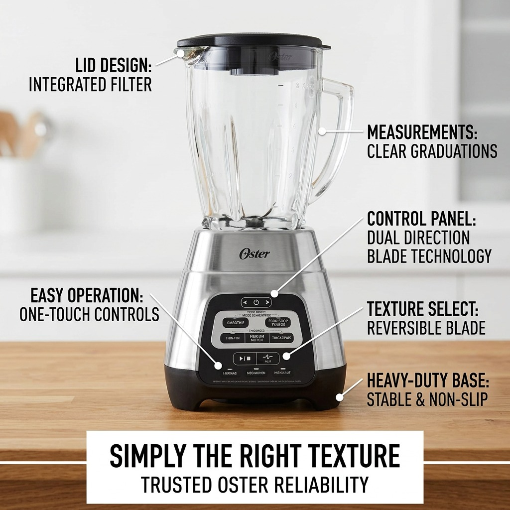 Oster Master Series Blender 800W feature callout on kitchen counter
