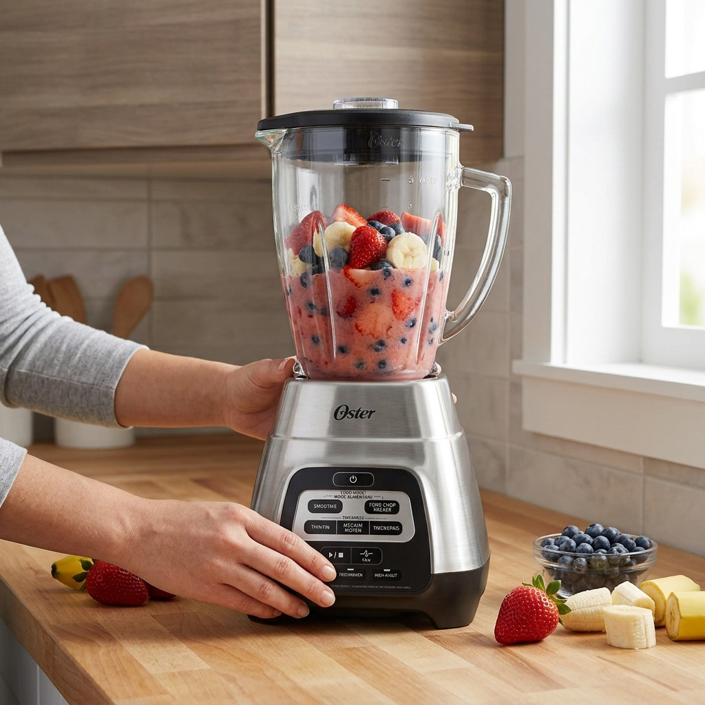 "Oster Master Series Blender with Glass Jar Black front view on kitchen counter"