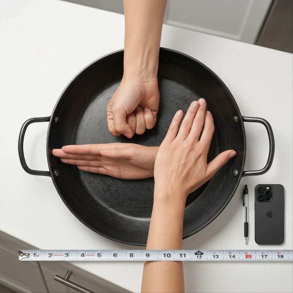 Product-led PDP-style image showcasing the 15-inch carbon steel paella pan next to a clearly labeled 12-inch ceramic plate for a realistic scale reference in a modern kitchen. Neutral background and clean lighting.