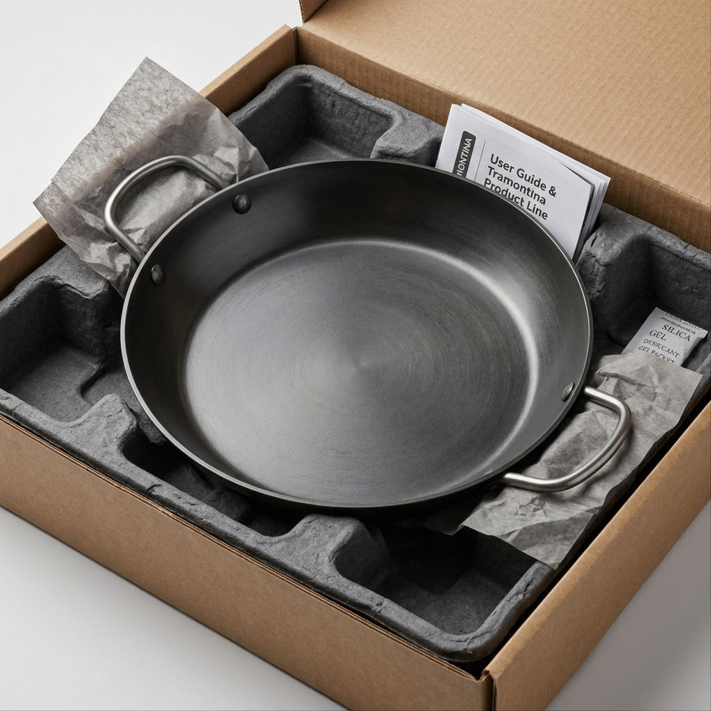 Photo of the Tramontina Carbon Steel Paella Pan securely packed within a protective shipping insert, highlighting damage-free unboxing.