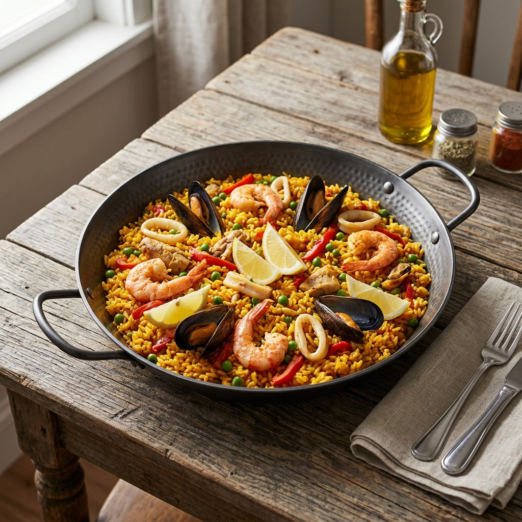 A top-down view of the Tramontina 15-inch carbon steel paella pan with two riveted wire handles, filled with colorful meat and seafood paella, resting on a rustic wooden table with natural light and a linen cloth, showing its large size and capacity.