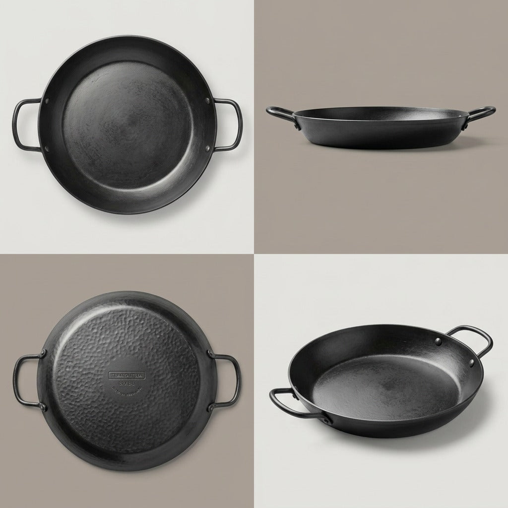 A multi-angle product grid showcasing the Tramontina Carbon Steel Paella Pan to highlight its physical features.