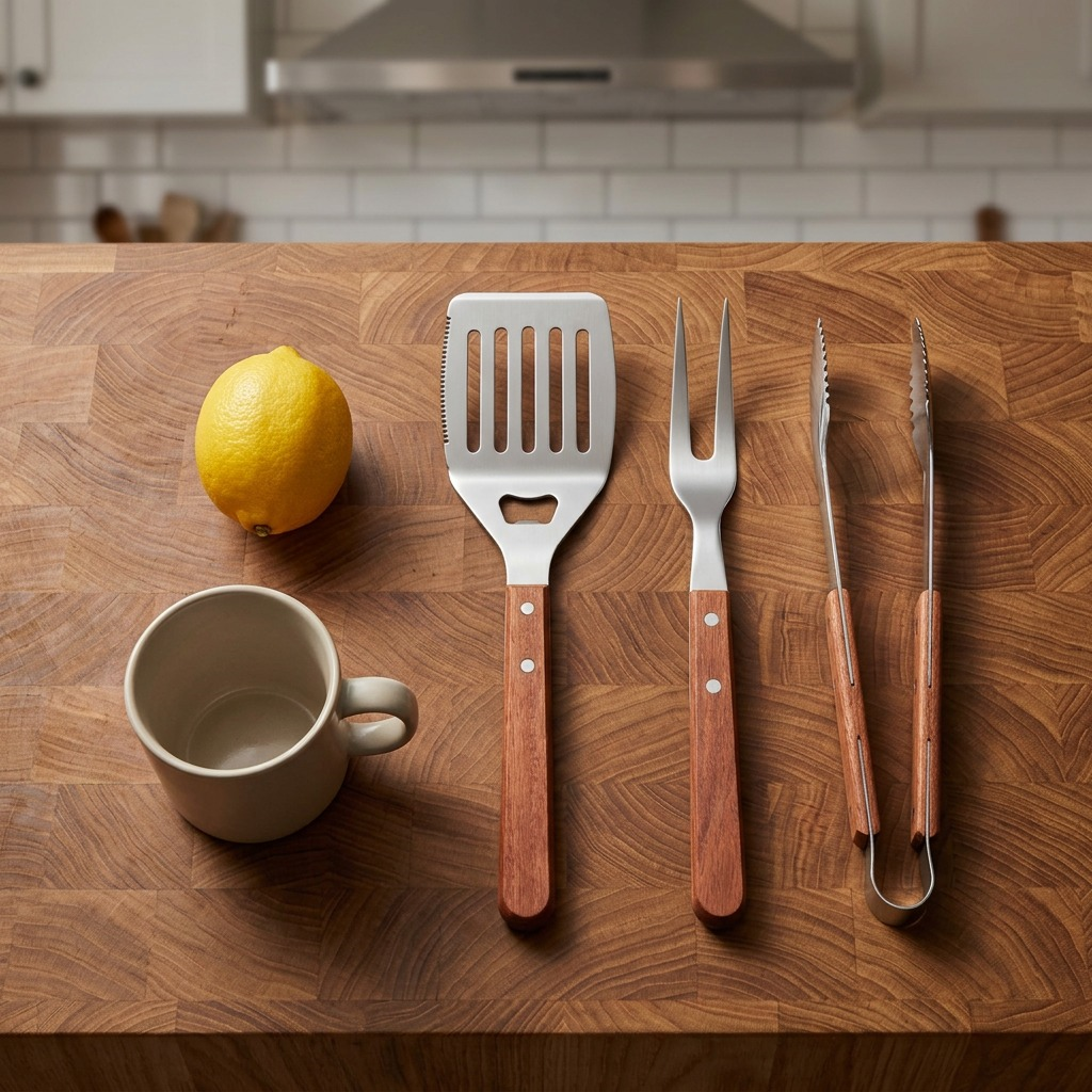 The Tramontina BBQ set is displayed next to a lemon and a coffee mug on a butcher block.