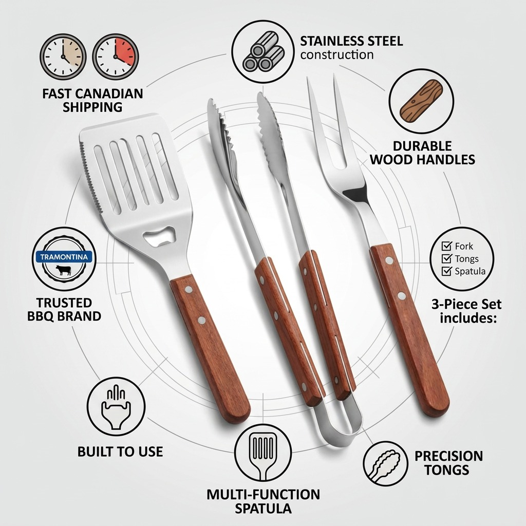 Trust and authority infographic showing Tramontina BBQ 3-piece set features, benefits, and fast Canadian shipping.