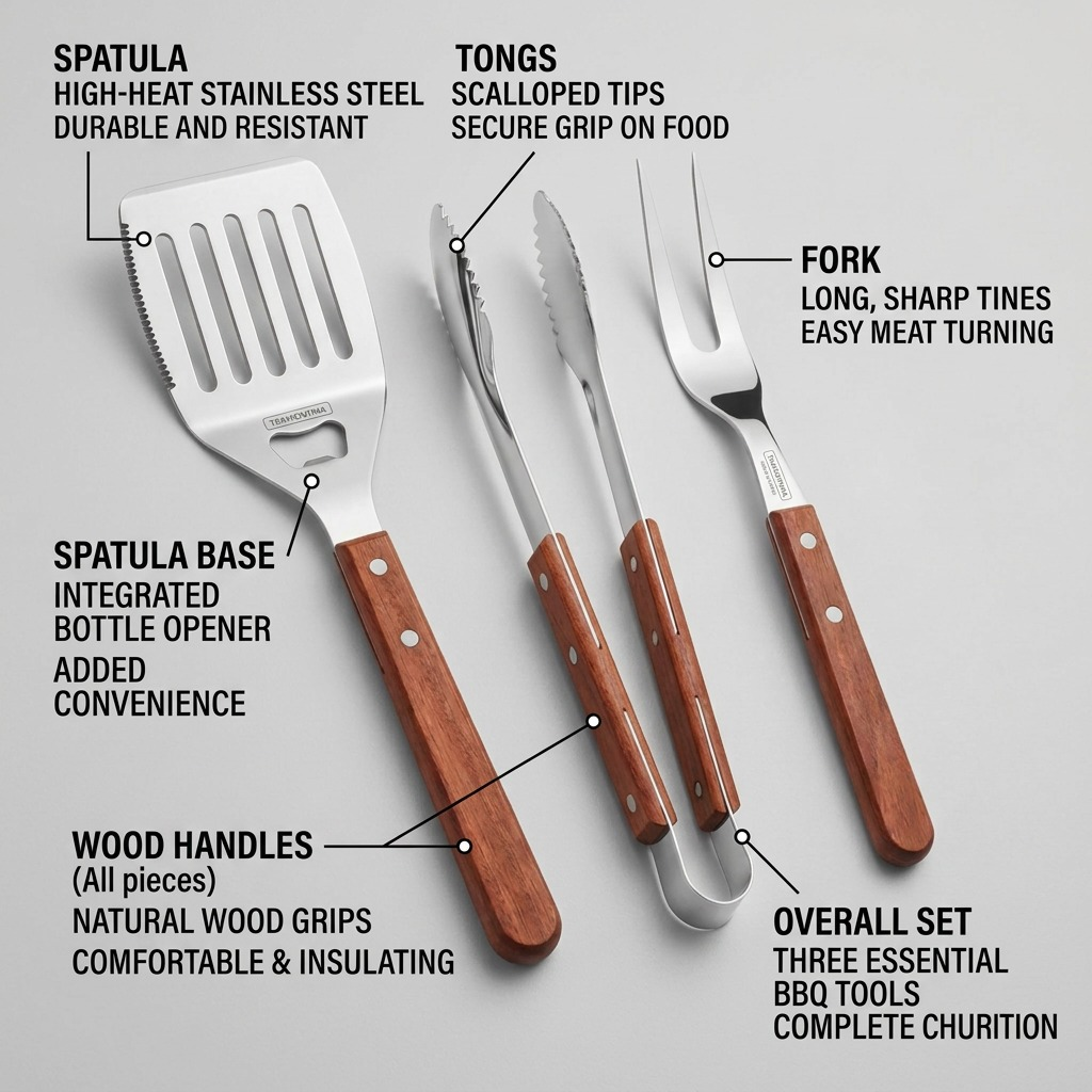 Operational feature graphic of a Tramontina 3-piece BBQ set, highlighting stainless steel heads and wood handles.