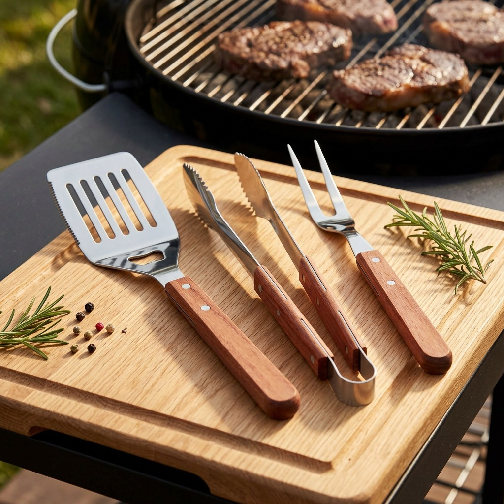 Lifestyle photo of Tramontina BBQ set on a cutting board near a lit grill, naturally lit.