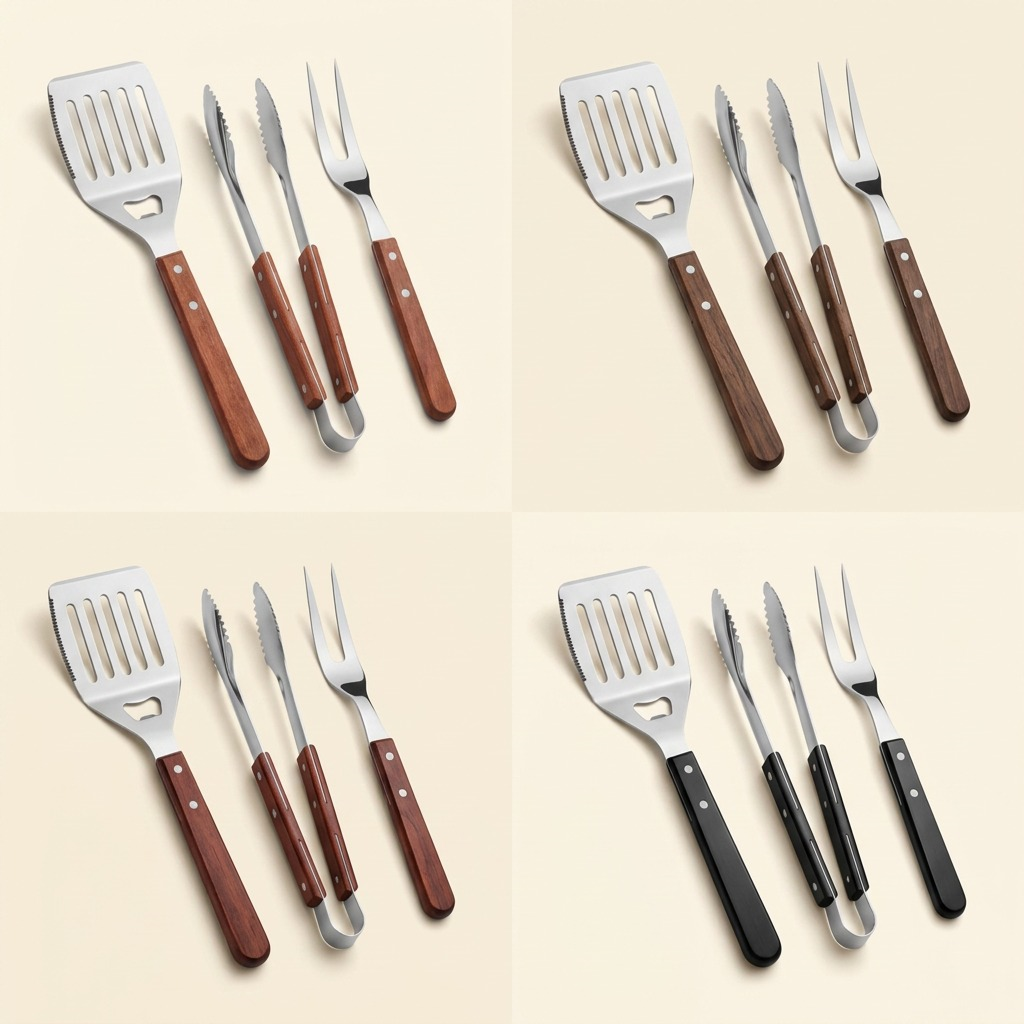 A PDP product matrix featuring four color variants of the Tramontina 3-piece BBQ tool set.