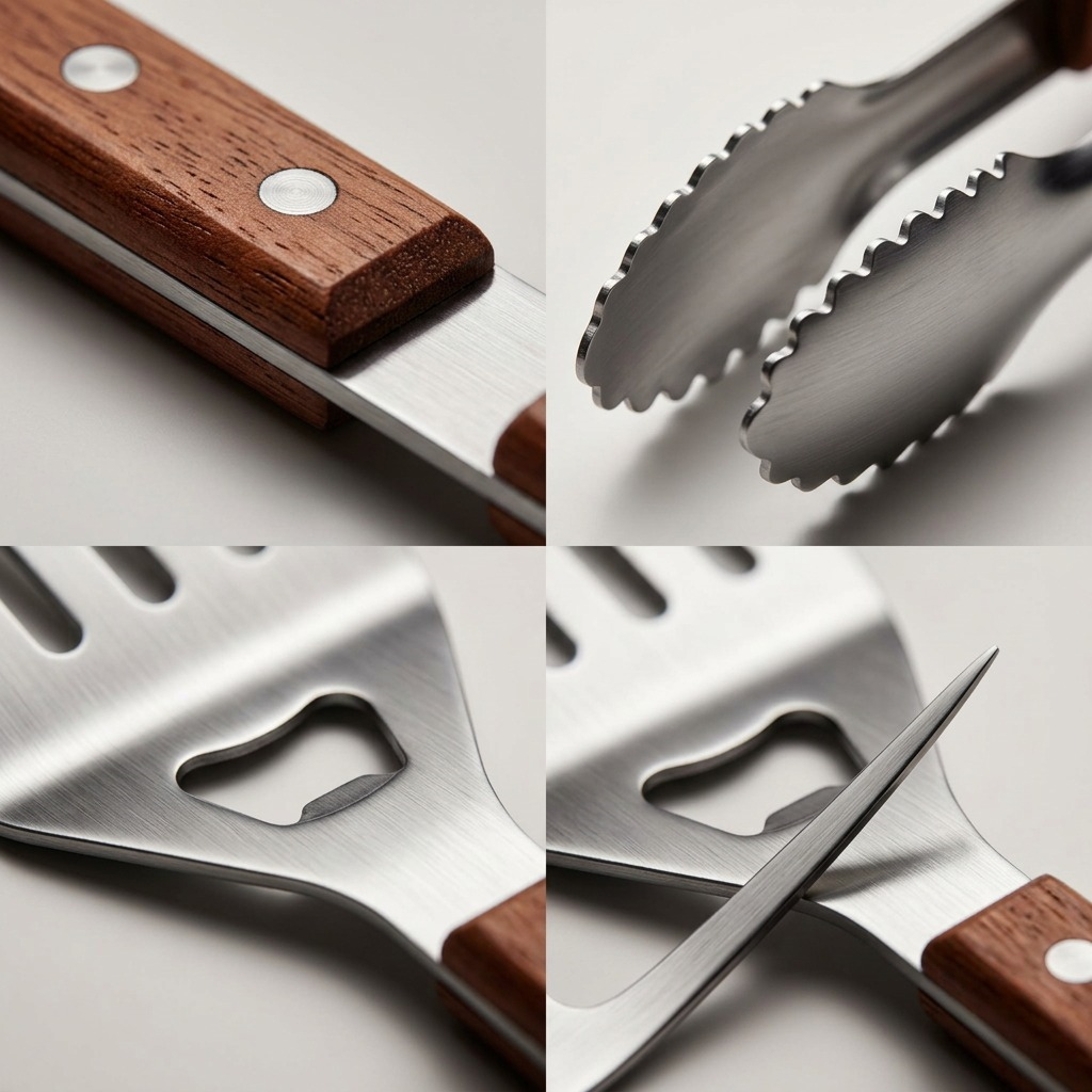 A macro close-up of the Tramontina BBQ spatula, showing the wood grain, rivets, steel connection, and bottle opener.