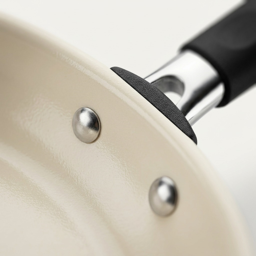 Extreme close-up of a skillet's ceramic interior, metal bolts, and textured black handle grip.