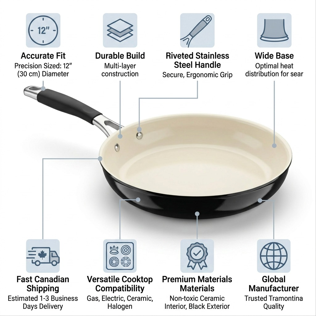 A high-converting product infographic matrix for the Tramontina 12-inch fry pan, validating its quality, build, and compatibility.