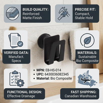 PDP visual matrix infographic for EB-HS-014 showing trust and authority features with Canadian shipping.