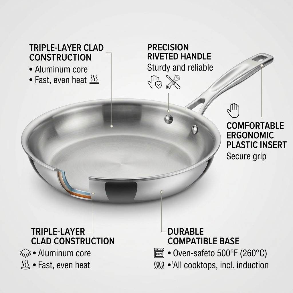 Tramontina Signature Tri-Ply Clad Stainless Steel Fry Pan 10 in. technical features callout
