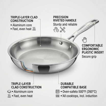 Tramontina Signature Tri-Ply Clad Stainless Steel Fry Pan 10 in. technical features callout
