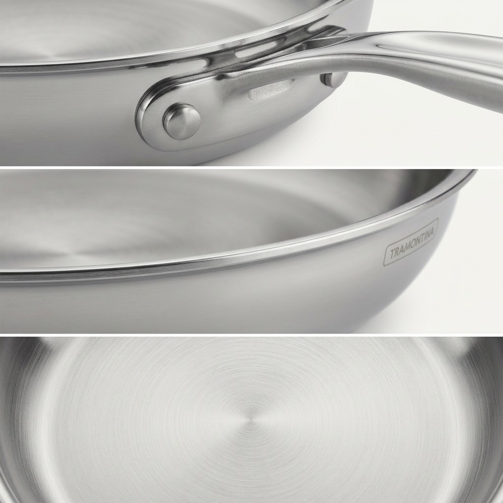 Tramontina Signature Tri-Ply Clad Stainless Steel Fry Pan 10 in. dual-rivet handle and multi-layer edge close-up
