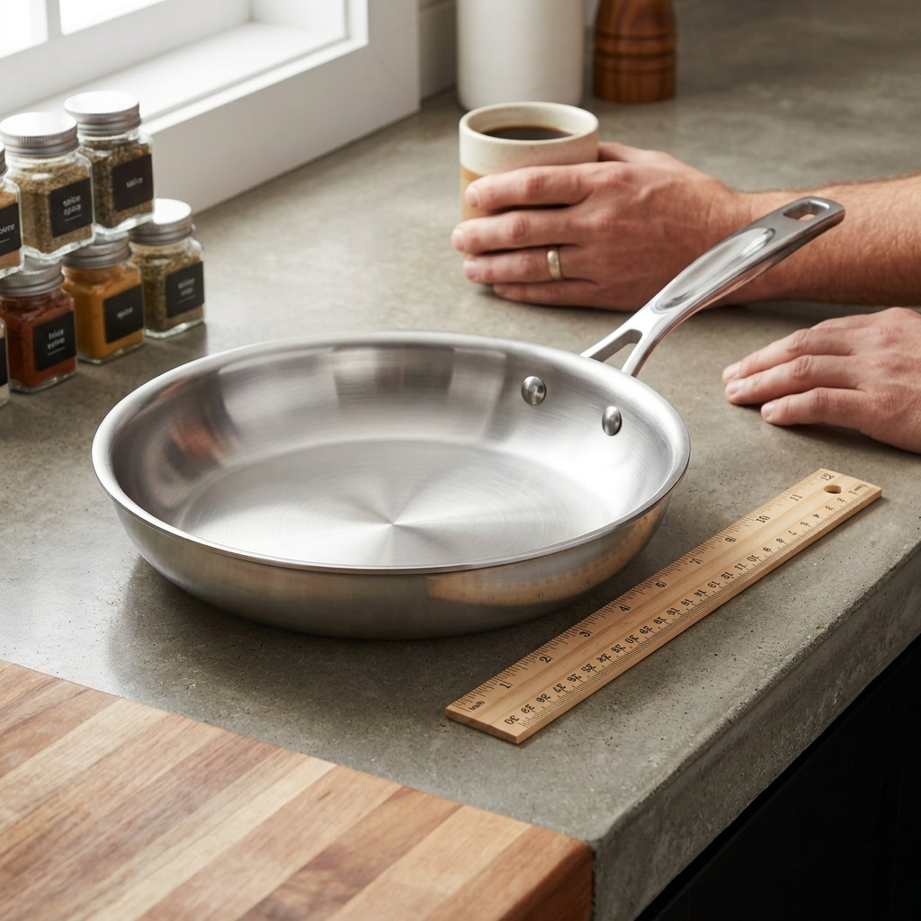 Tramontina Signature Tri-Ply Clad Stainless Steel Fry Pan 10 in. size reference with ruler
