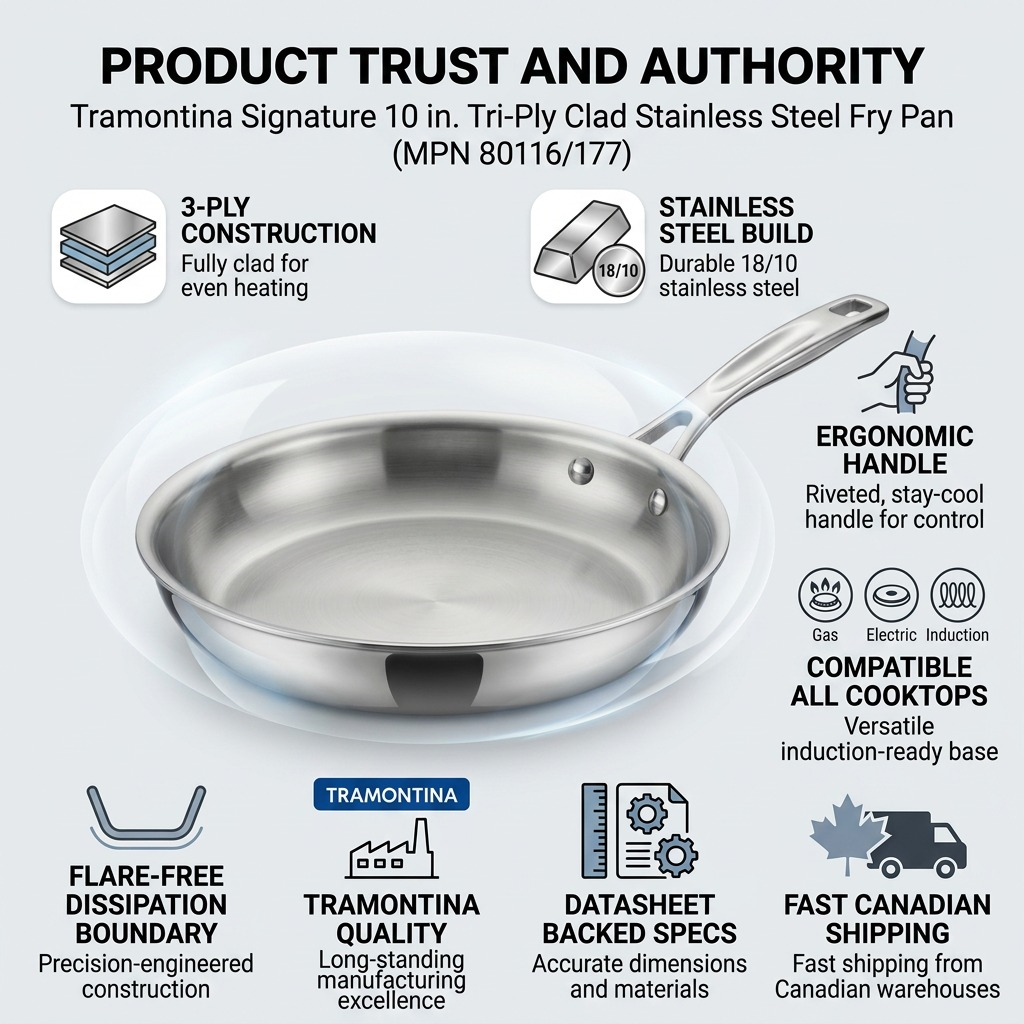 Tramontina Signature Tri-Ply Clad Stainless Steel Fry Pan 10 in. trust and specifications infographic
