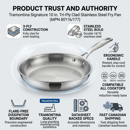 Tramontina Signature Tri-Ply Clad Stainless Steel Fry Pan 10 in. trust and specifications infographic
