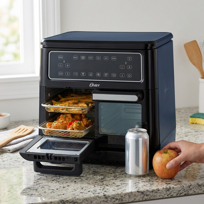 Oster 11-Quart Flex Air Fryer Oven Black front view with dual baskets