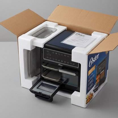 Oster 11-Quart Flex Air Fryer Oven Black shown in protective packaging for safe shipping