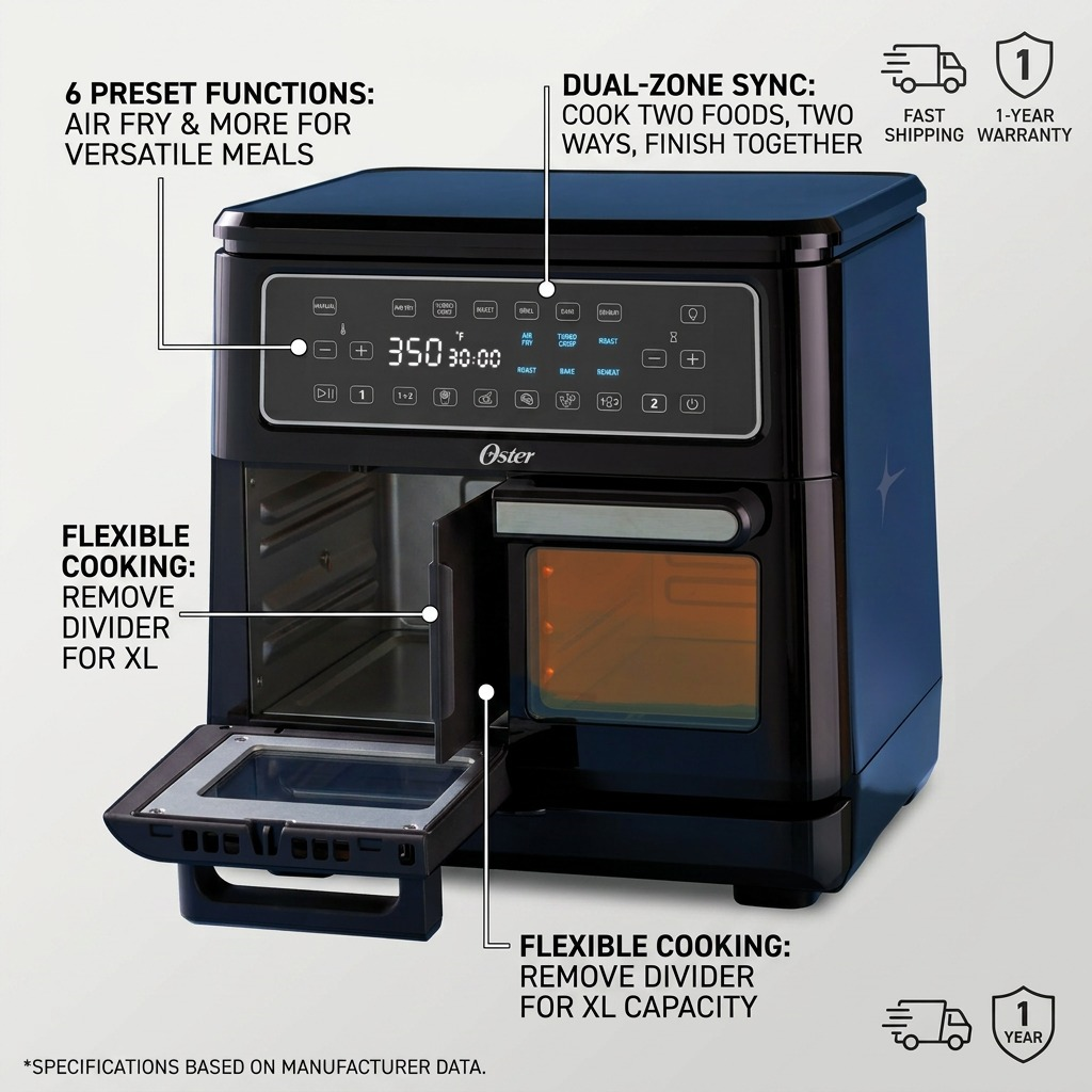 Oster 11-Quart Flex Air Fryer Oven Black dual zone feature callout graphic