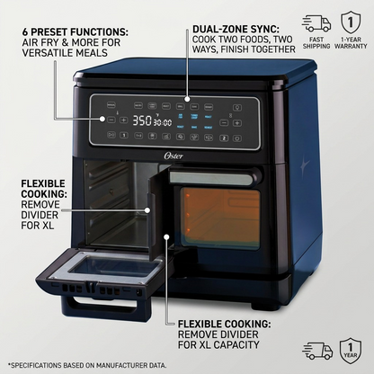 Oster 11-Quart Flex Air Fryer Oven Black dual zone feature callout graphic