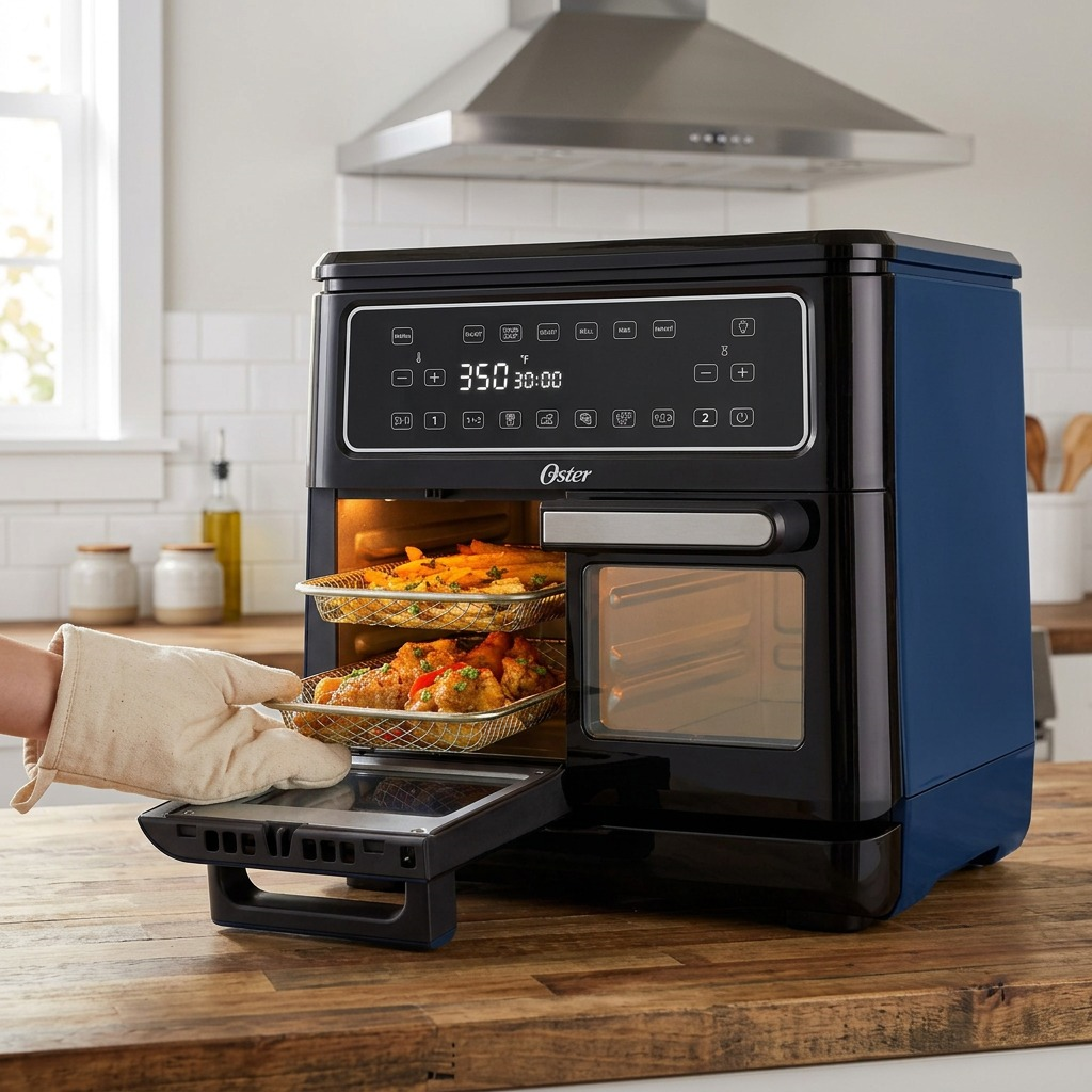 Oster 11-Quart Flex Air Fryer Oven Black on wooden kitchen counter cooking fries and chicken wings