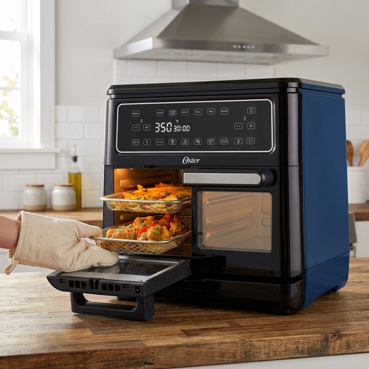 Oster 11-Quart Flex Air Fryer Oven Black on wooden kitchen counter cooking fries and chicken wings