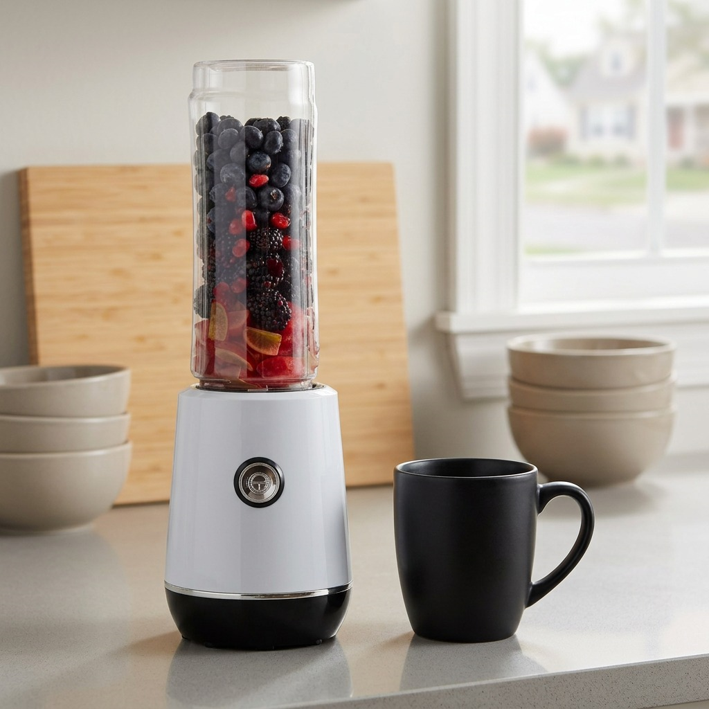 Oster MyBlend Plus Personal Blender size reference with black mug
