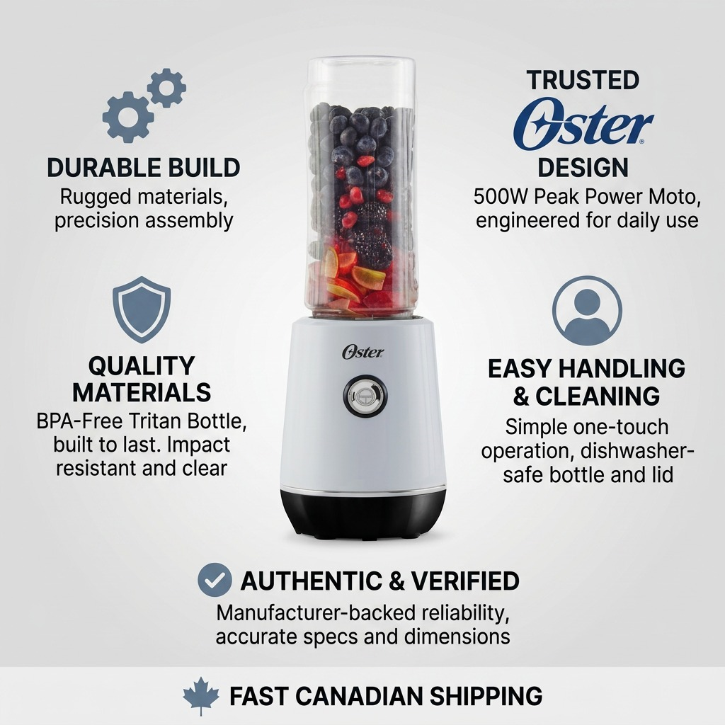 Oster MyBlend Plus Personal Blender trust and specifications infographic