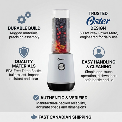 Oster MyBlend Plus Personal Blender trust and specifications infographic